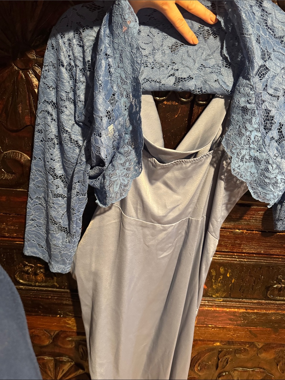 Light Blue Draped Wedding Dress with Lace Jacket - Picture 4 of 6